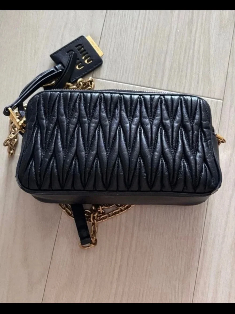 Miu Miu Black Matelassé Leather Crossbody with Gold Chain